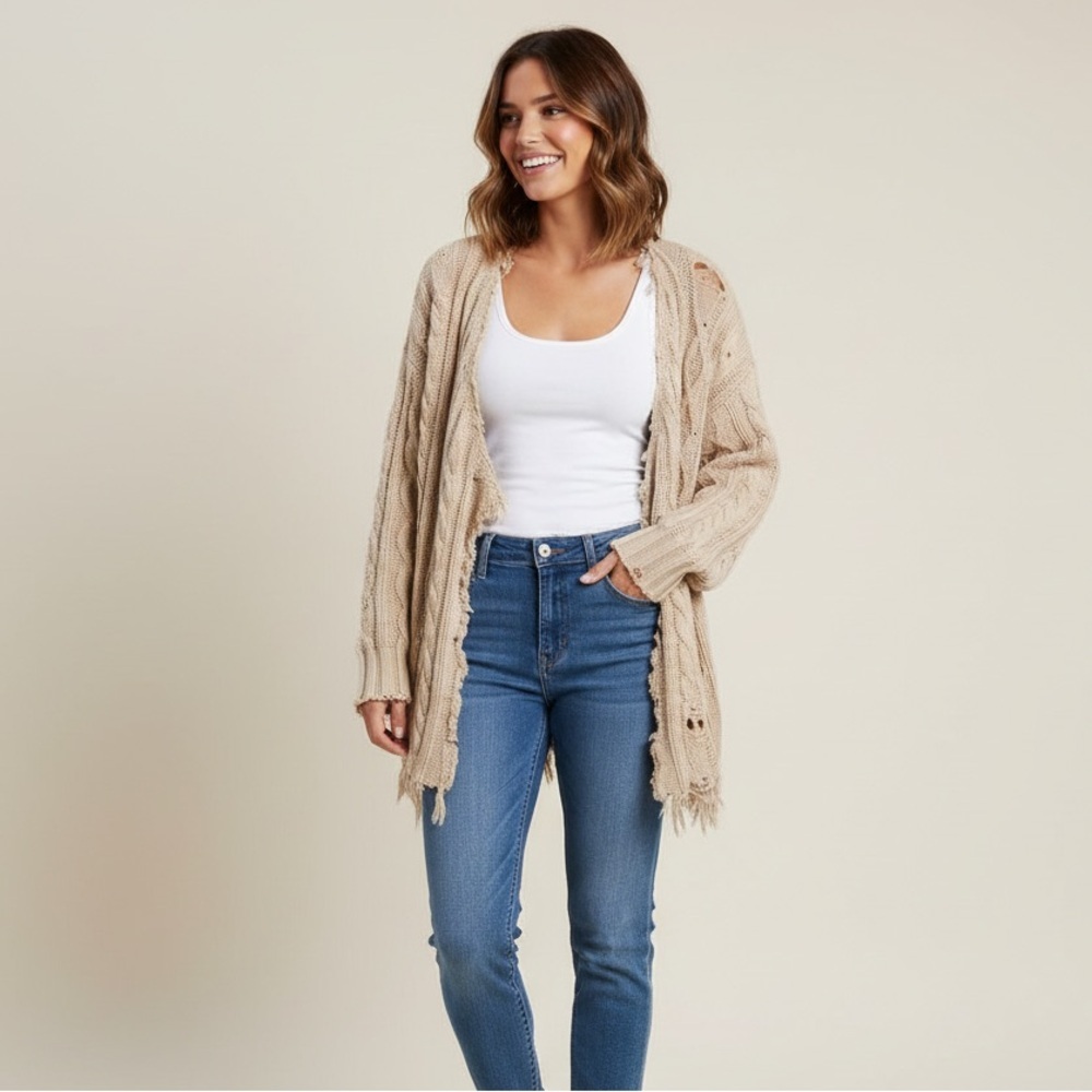 Pistola Sz L Cream Tan Cable Knit Distressed Cascade Cardigan Sweater